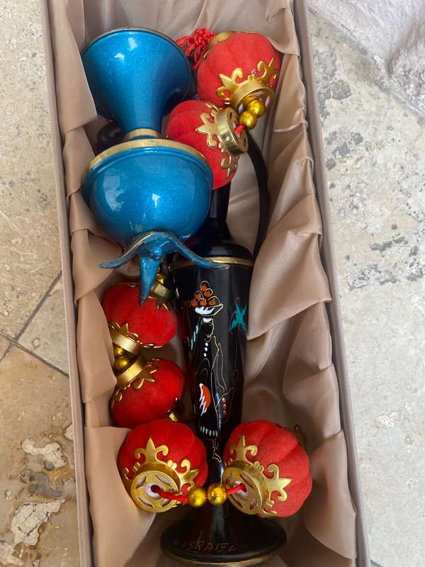 Vintage Israel brass pitcher and vase pair enamel hand painted