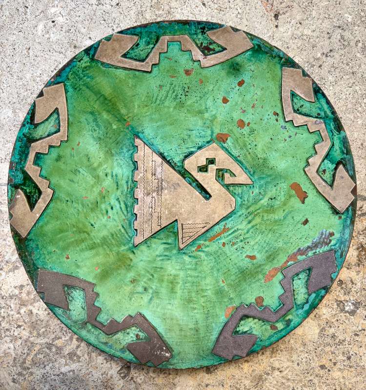 Vintage copper green  enamelled wall plate art with brass detail
