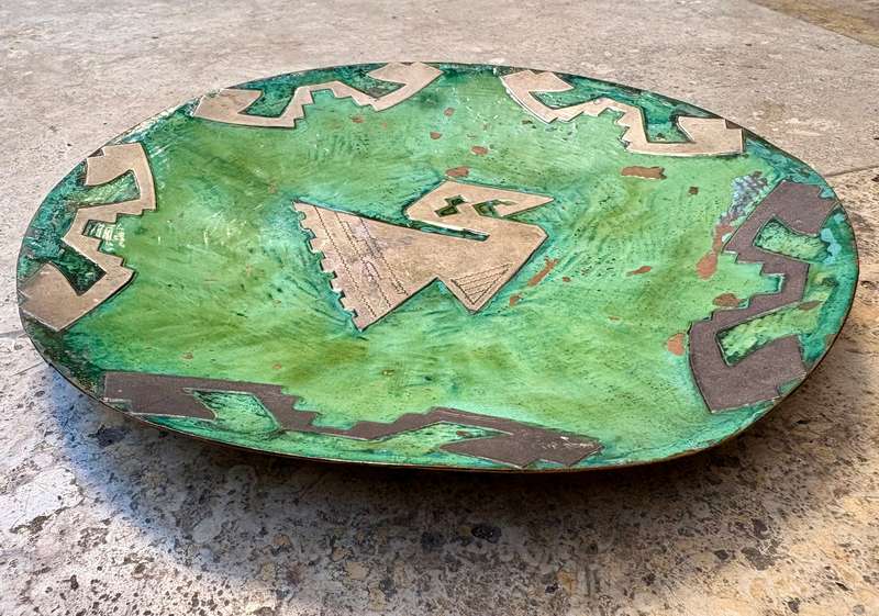 Vintage copper green  enamelled wall plate art with brass detail