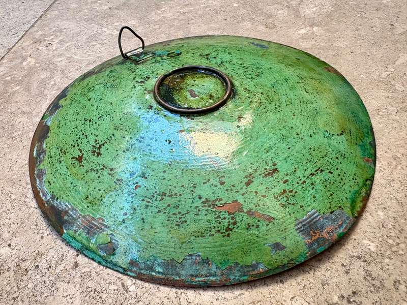 Vintage copper green  enamelled wall plate art with brass detail