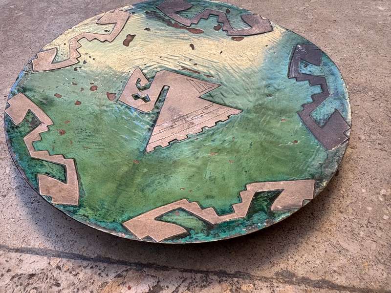 Vintage copper green  enamelled wall plate art with brass detail