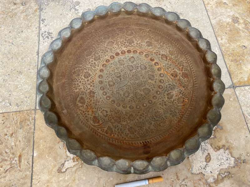 Vintage eastern brass platter wall mount hand hammered detail 37 cm