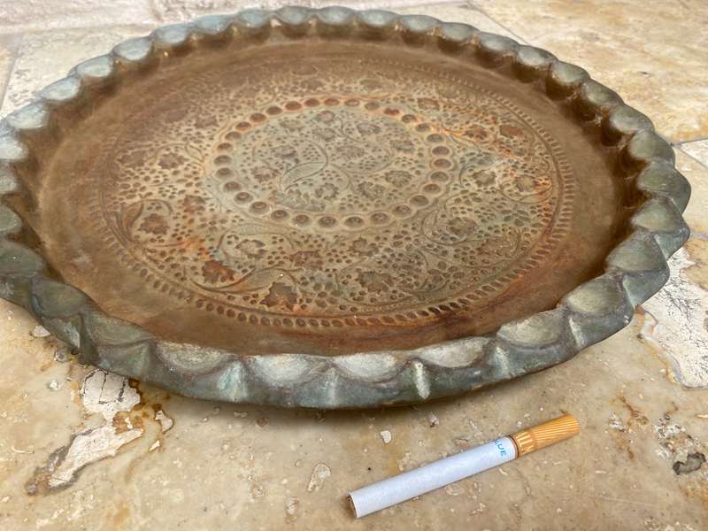 Vintage eastern brass platter wall mount hand hammered detail 37 cm
