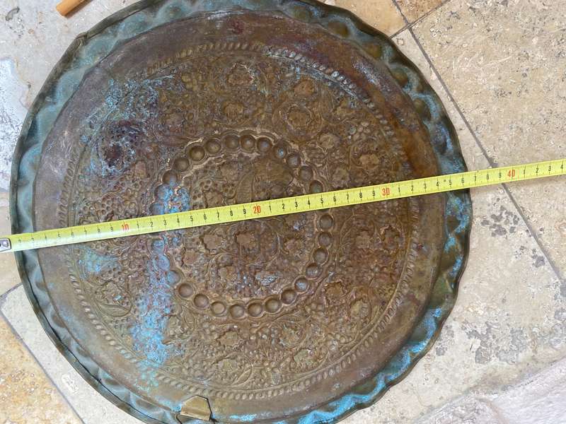 Vintage eastern brass platter wall mount hand hammered detail 37 cm