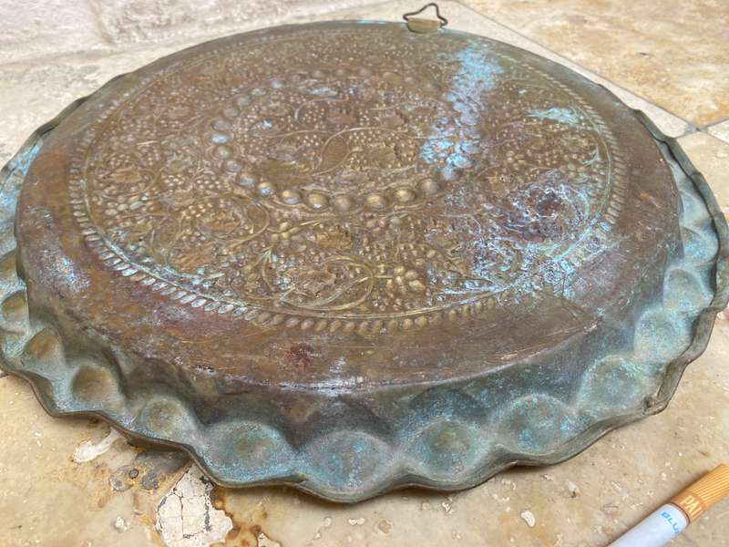 Vintage eastern brass platter wall mount hand hammered detail 37 cm