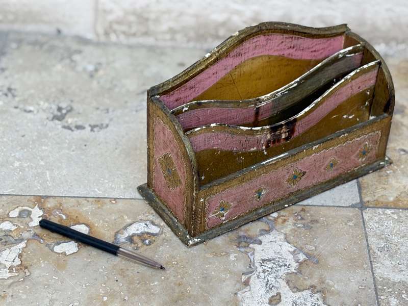 Vintage ornate gilt Italian letter rack holder hand painted