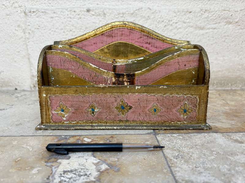 Vintage ornate gilt Italian letter rack holder hand painted
