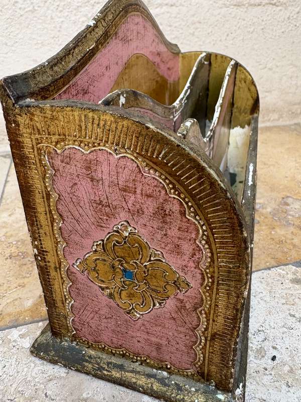 Vintage ornate gilt Italian letter rack holder hand painted