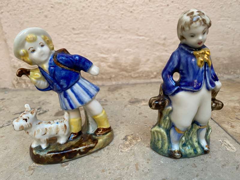 Vintage ceramic porcelain figurine pair , child with dog and soldier