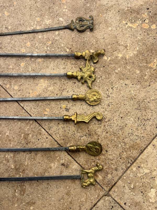 vintage stainless steel kebab skewers Roman Greek brass set of 7