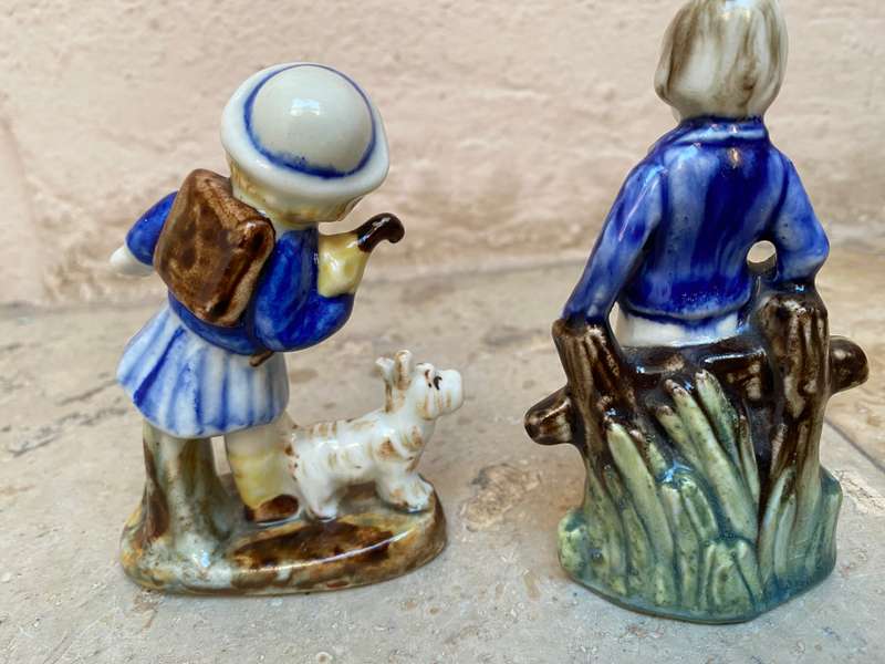 Vintage ceramic porcelain figurine pair , child with dog and soldier