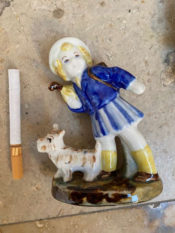 Vintage ceramic porcelain figurine pair , child with dog and soldier