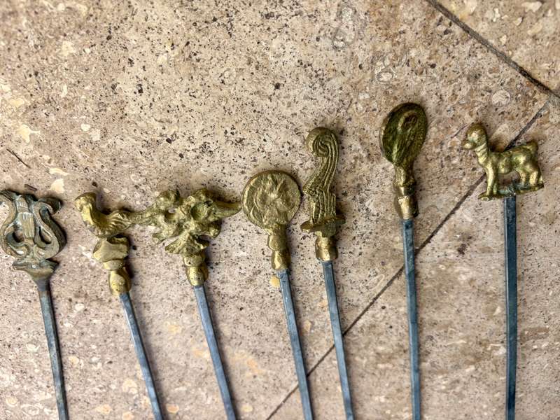 vintage stainless steel kebab skewers Roman Greek brass set of 7