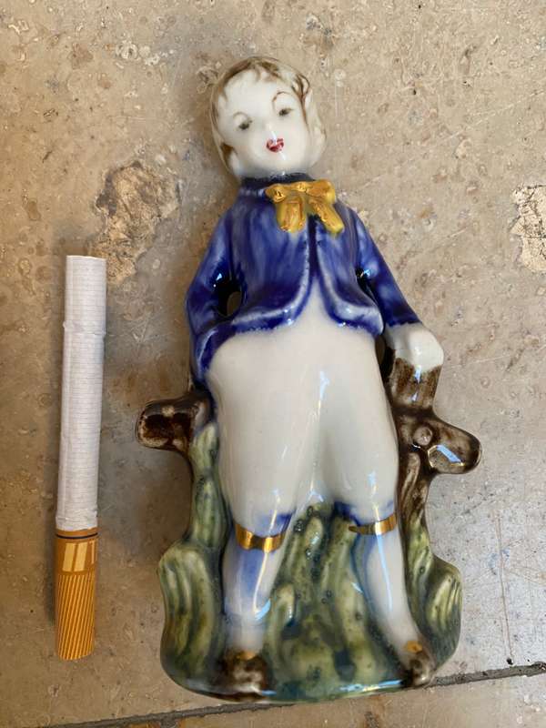 Vintage ceramic porcelain figurine pair , child with dog and soldier