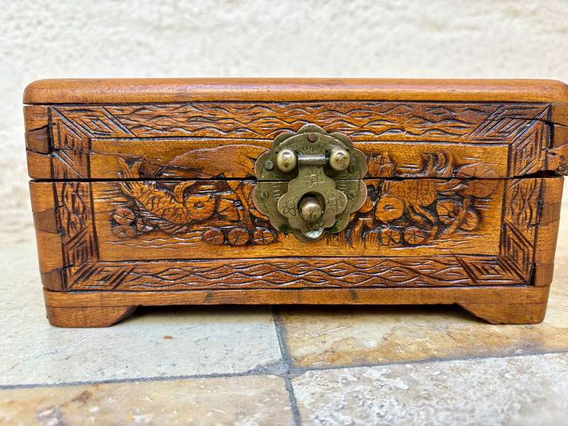 Antique Asian hand Carved Camphor wood wooden  vintage Jewellery Box