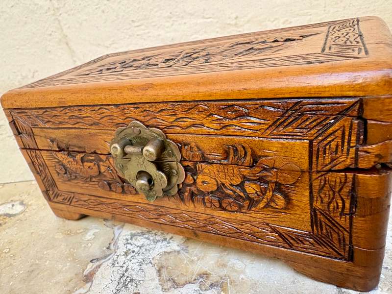Antique Asian hand Carved Camphor wood wooden  vintage Jewellery Box