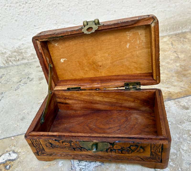 Antique Asian hand Carved Camphor wood wooden  vintage Jewellery Box
