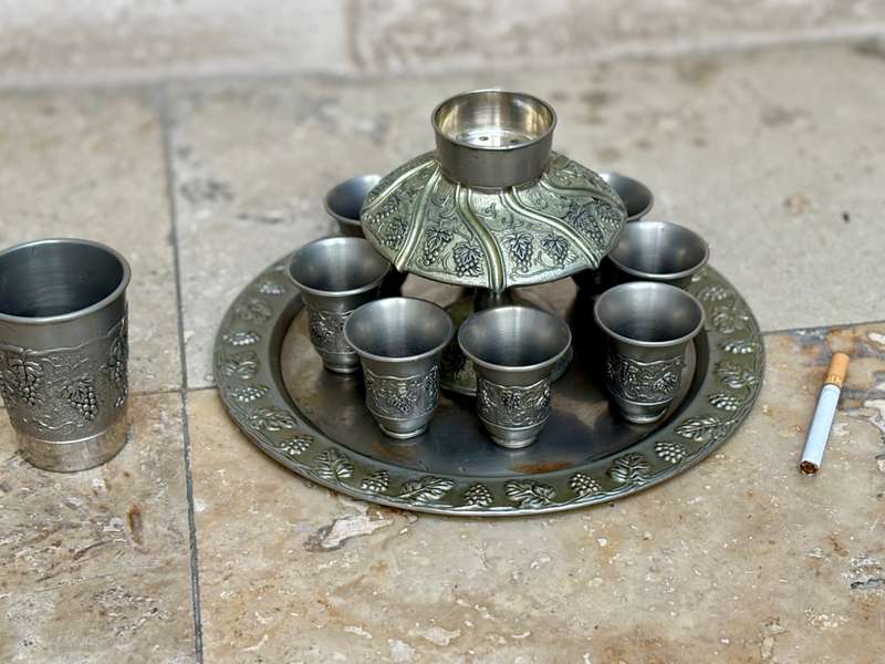Vintage  Karshi Judaica Silver Plated Kiddush Wine Fountain 8 Cups Grapes Theme &Tray
