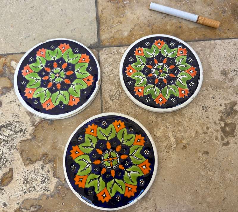 Vintage Smaltotechniki Greek ceramic porcelain hand made coaster set of 3