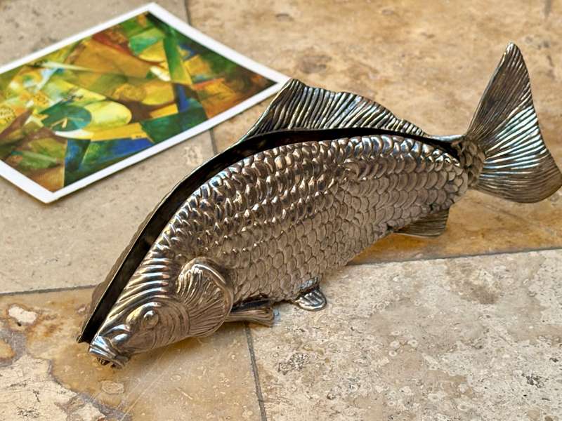 Vintage koi fish napkin holder silver plate letter holder