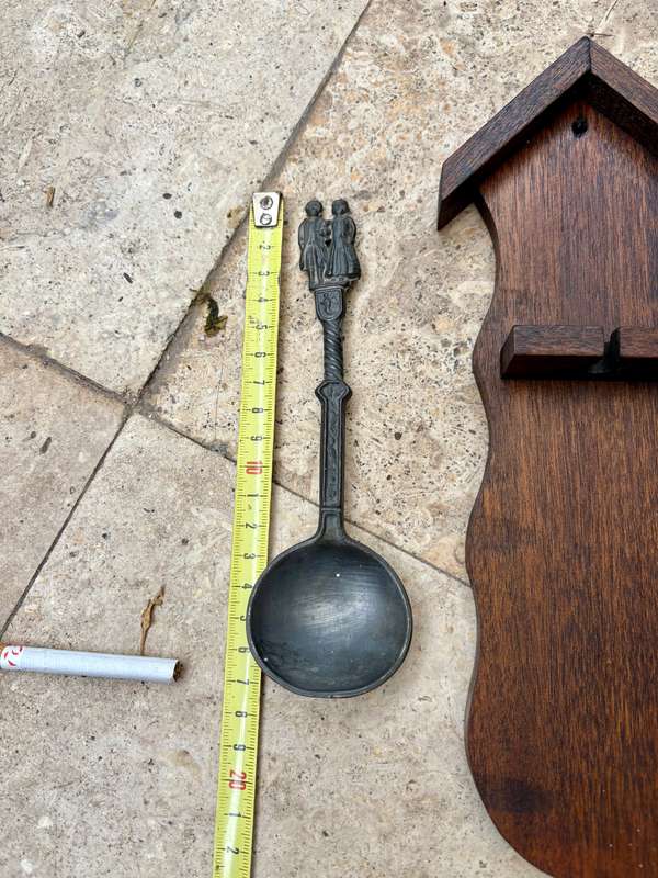 Pewter spoon decorative on wood wall mount