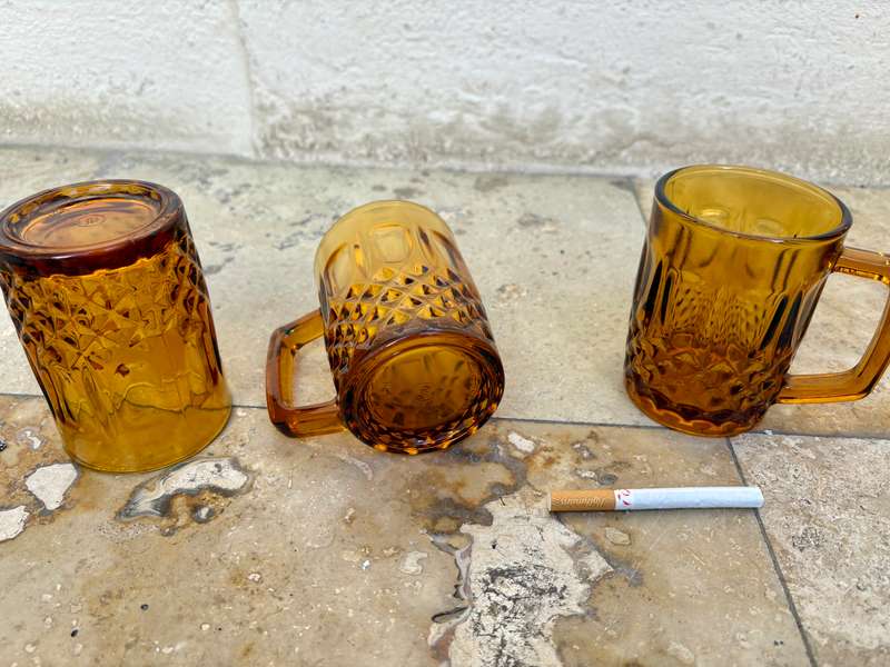 Amber Glass Coffee Mugs set of 3  No. 901 Made in Indonesia 1970