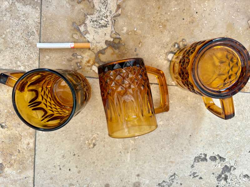 Amber Glass Coffee Mugs set of 3  No. 901 Made in Indonesia 1970