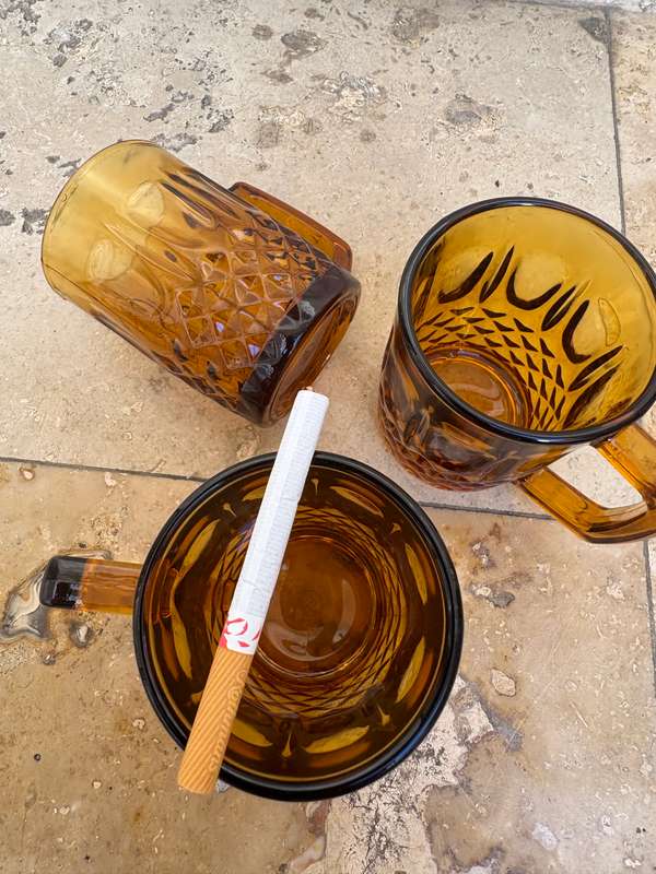 Amber Glass Coffee Mugs set of 3  No. 901 Made in Indonesia 1970