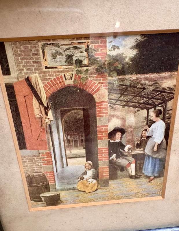Vintage set of 3 Dutch prints , laughing Cavalier and pair of Pieter De Hooch framed prints