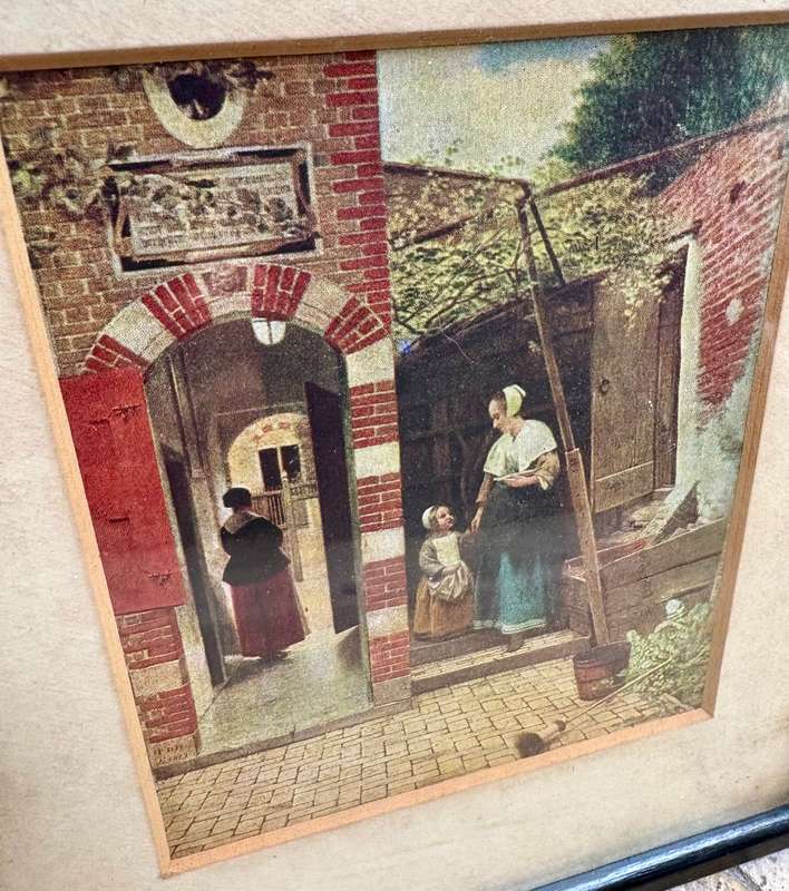 Vintage set of 3 Dutch prints , laughing Cavalier and pair of Pieter De Hooch framed prints