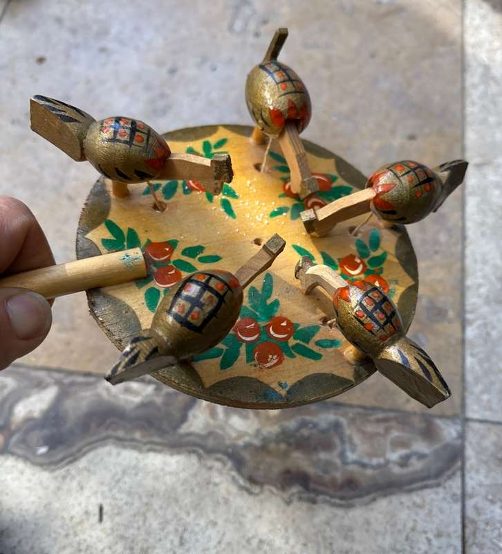Vintage Russian pecking chickens toy wood hand painted hand made