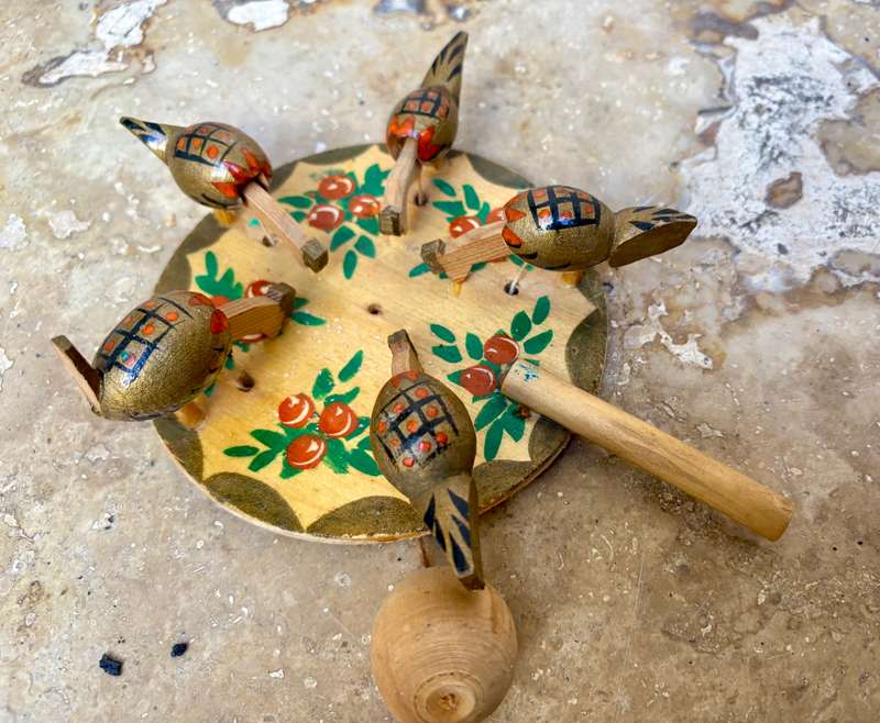 Vintage Russian pecking chickens toy wood hand painted hand made