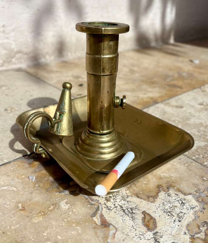 Antique brass Chamberstick  pushup candle rectangular base with snuffer