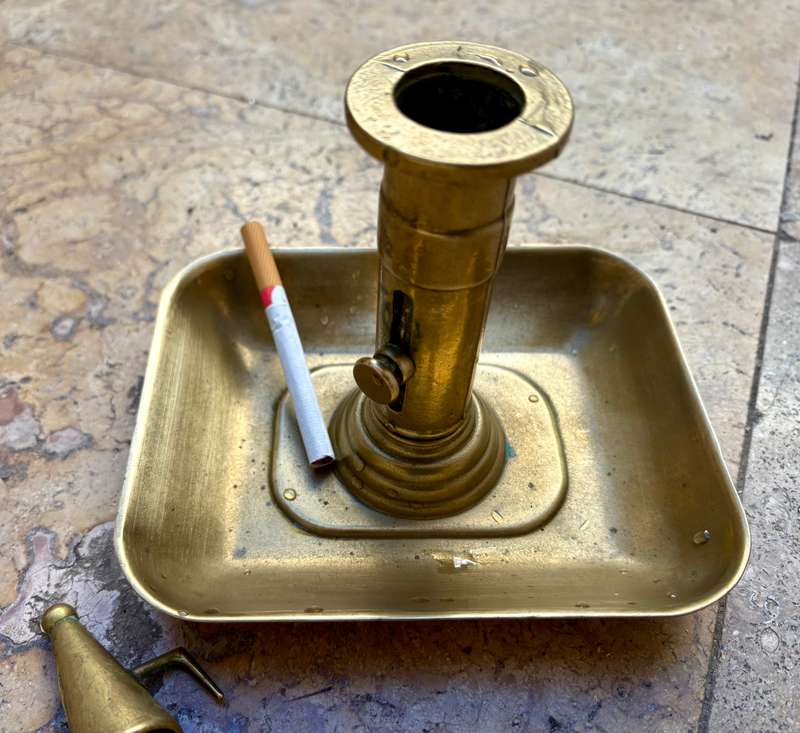 Antique brass Chamberstick  pushup candle rectangular base with snuffer