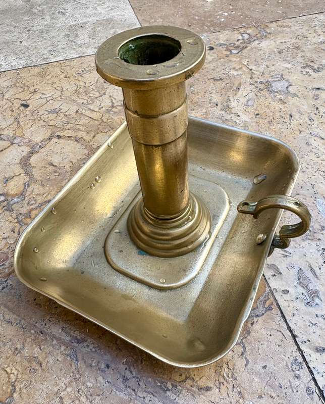 Antique brass Chamberstick  pushup candle rectangular base with snuffer