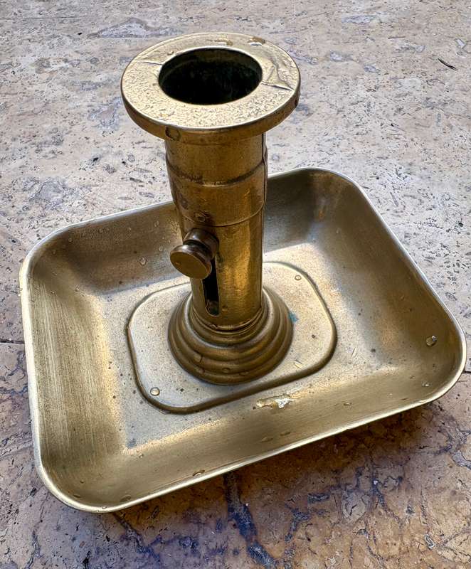 Antique brass Chamberstick  pushup candle rectangular base with snuffer