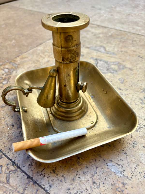 Antique brass Chamberstick  pushup candle rectangular base with snuffer