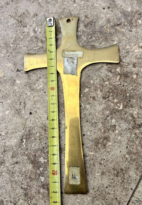 Vintage brass crucifix wall mount made in Italy 22cm with wood backing 30cm