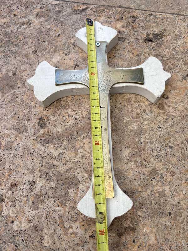 Vintage brass crucifix wall mount made in Italy 22cm with wood backing 30cm