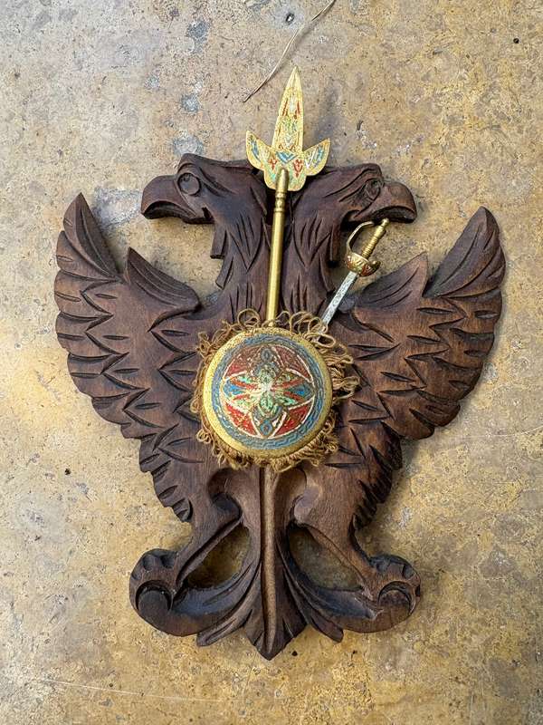Vintage Toledo double head eagle wood coat of arms with a sword