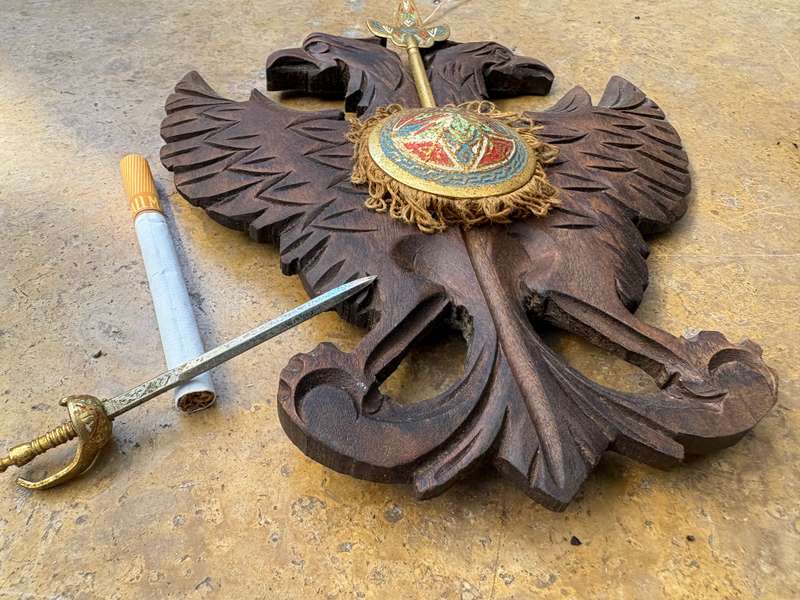 Vintage Toledo double head eagle wood coat of arms with a sword