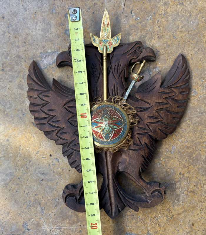 Vintage Toledo double head eagle wood coat of arms with a sword