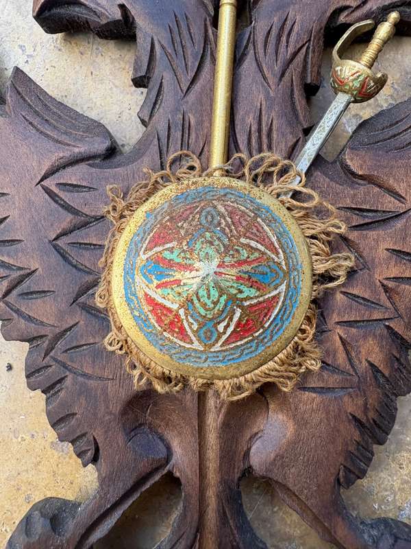 Vintage Toledo double head eagle wood coat of arms with a sword