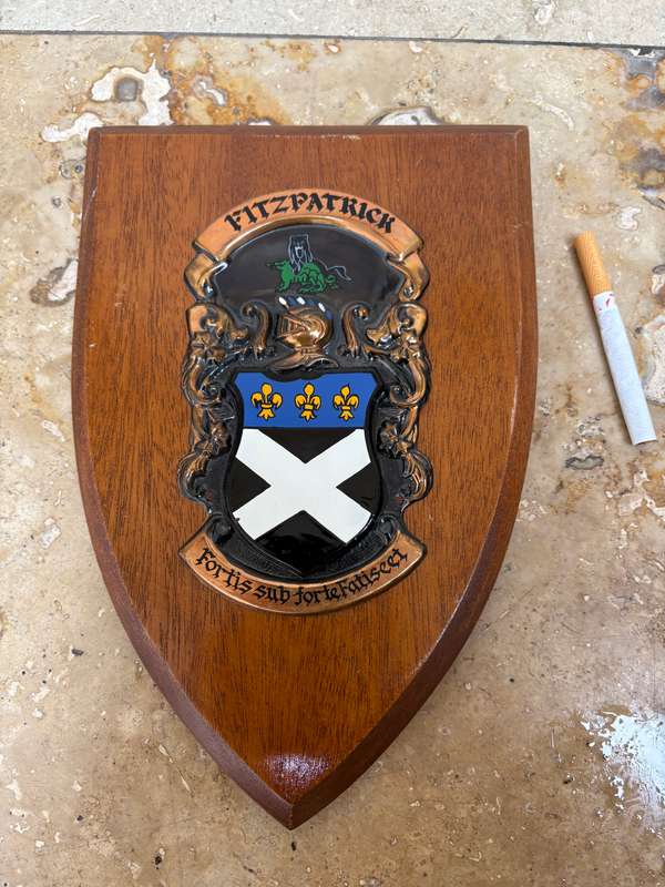Vintage Irish wooden coat of arms plaque Fitzpatrick