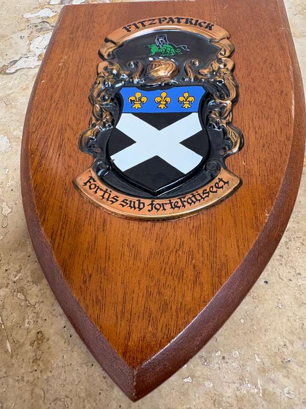 Vintage Irish wooden coat of arms plaque Fitzpatrick