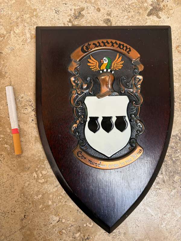 Vintage Irish wooden coat of arms plaque Curran family clan