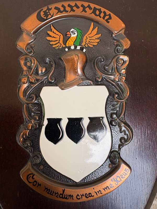 Vintage Irish wooden coat of arms plaque Curran family clan