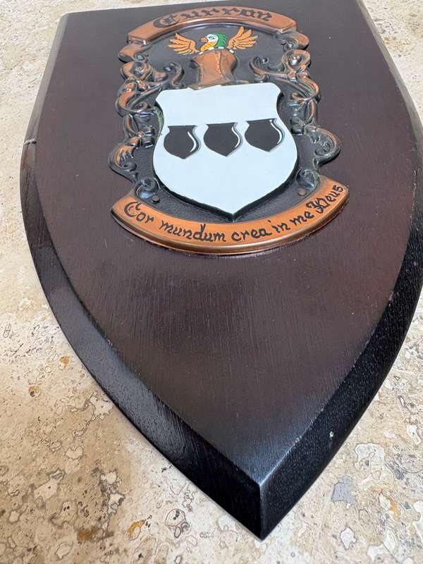 Vintage Irish wooden coat of arms plaque Curran family clan