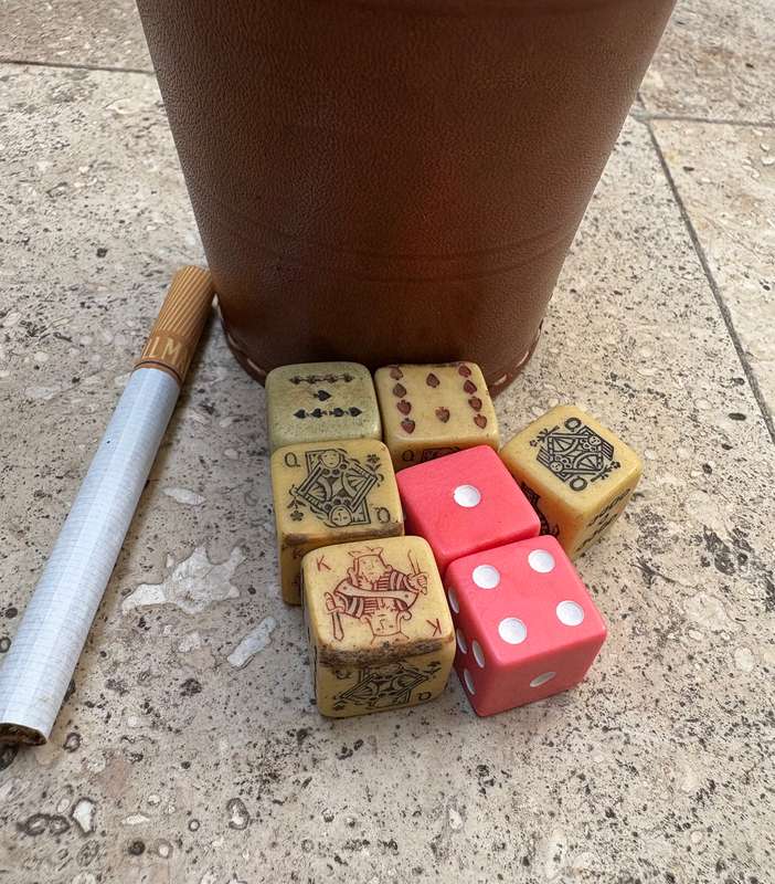 Vintage leather dice cup with dice and  Bakelite poker dice