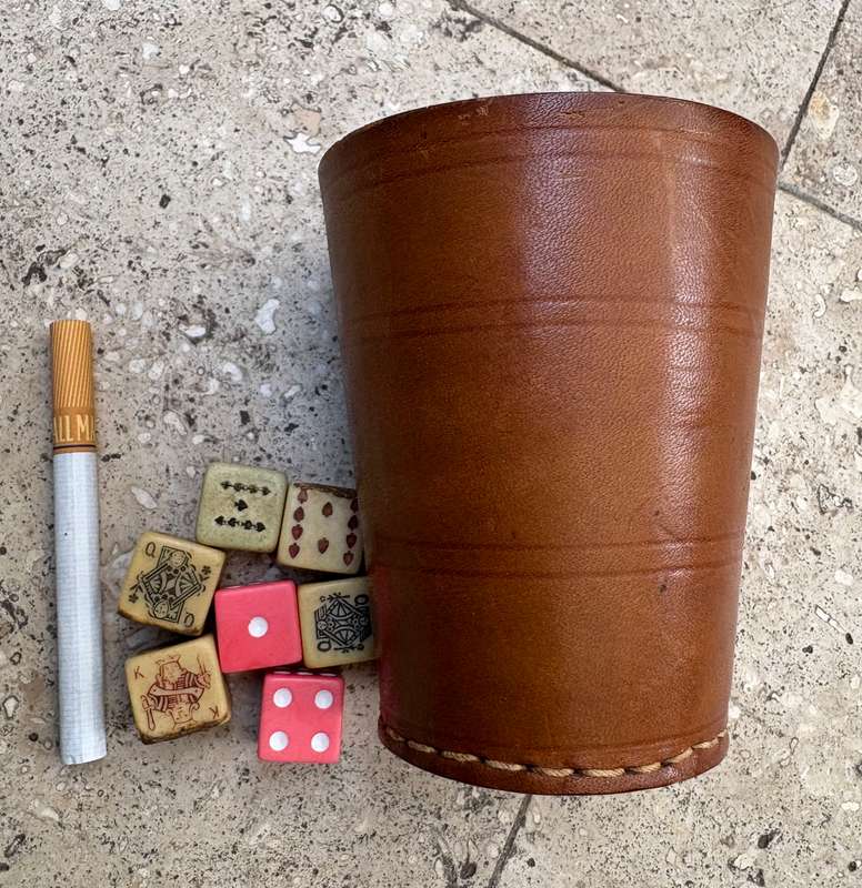 Vintage leather dice cup with dice and  Bakelite poker dice